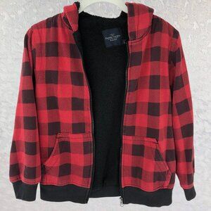Faded Glory Buffalo Plaid Hoodie Jacket Red and Black Cozy Zip-Up Size L (10-12)